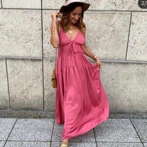 ZARA Babydoll Satin Maxi Dress in Plum Pink XS/S $89
